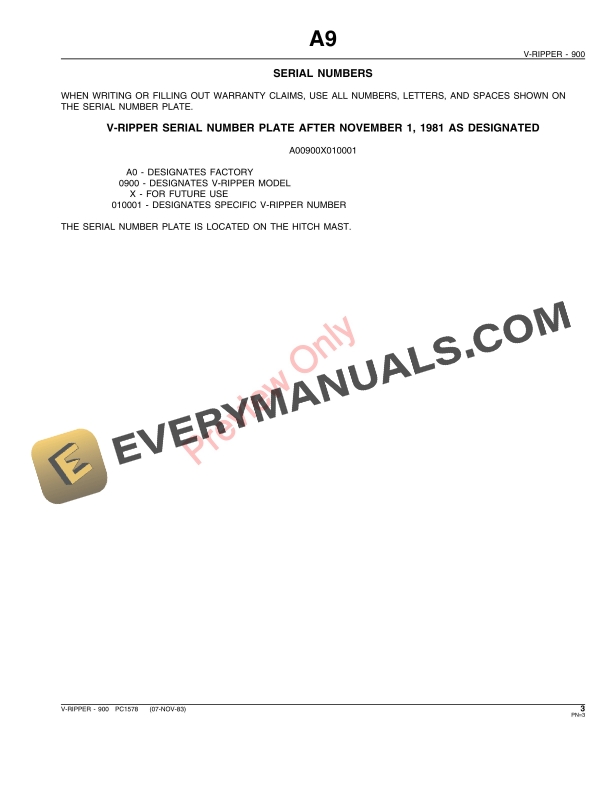 John Deere 900 V-Ripper Parts Catalog PC1578 24SEP85-5