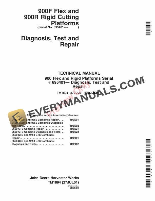 John Deere 900F Flex and 900R Rigid Cutting Platforms SN (695401-) Technical Manual TM1894 27JUL01-1