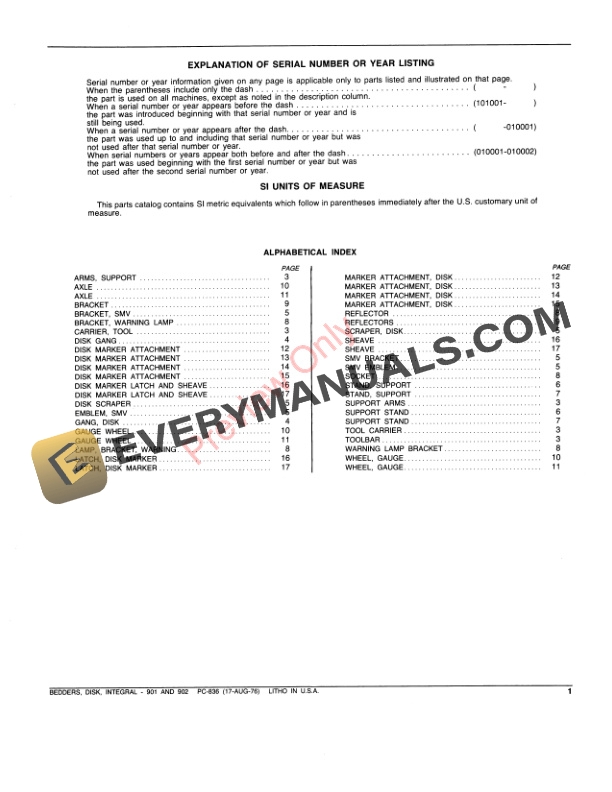 John Deere 901, 902 Integral Disk Bedders Parts Catalog PC836 17AUG76-3