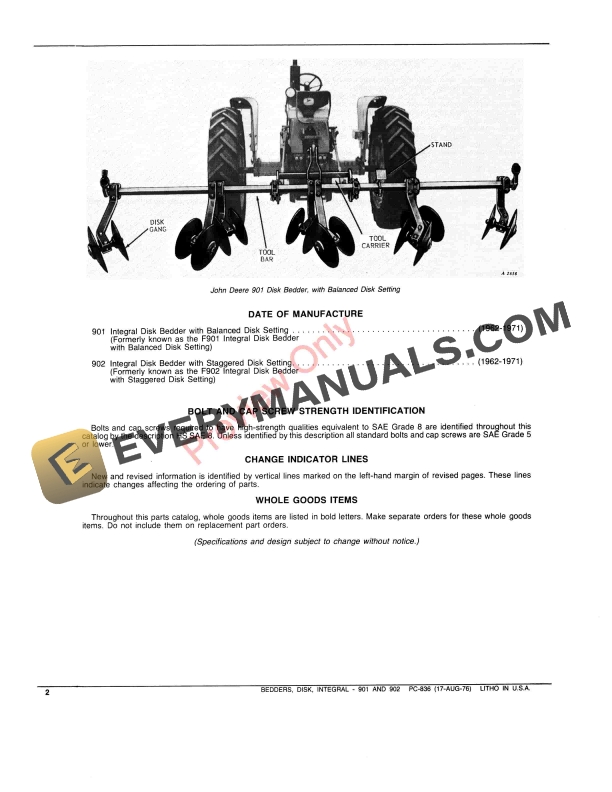 John Deere 901, 902 Integral Disk Bedders Parts Catalog PC836 17AUG76-4