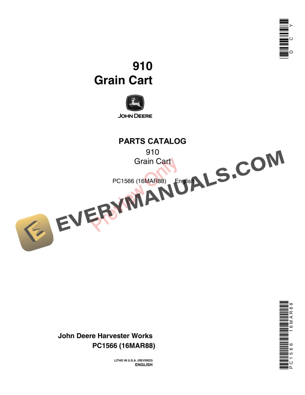 John Deere 910 Grain Cart Parts Catalog PC1566 16MAR88-1