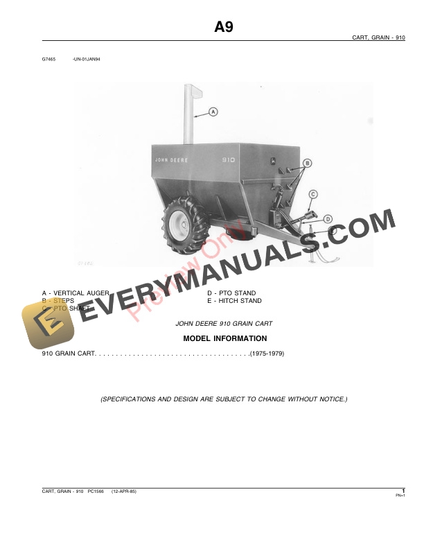 John Deere 910 Grain Cart Parts Catalog PC1566 16MAR88 4 John Deere 910 Grain Cart Parts Catalog PC1566 16MAR88-3