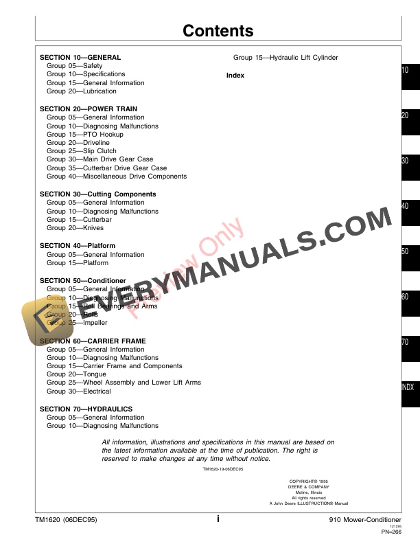 John Deere 910 Rotary Mower Impeller Mower Conditioner Technical Manual TM1620 06DEC95 3