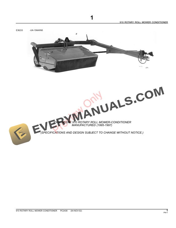 John Deere 910 Rotary Roll Mower Conditioner Parts Catalog PC2438 06MAY11-3