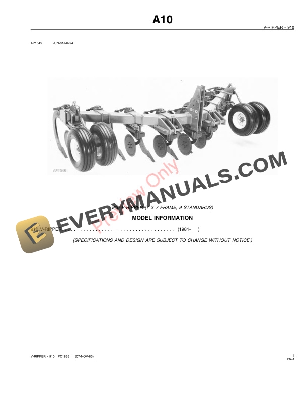 John Deere 910 V-Ripper Parts Catalog PC1855 24SEP85-3