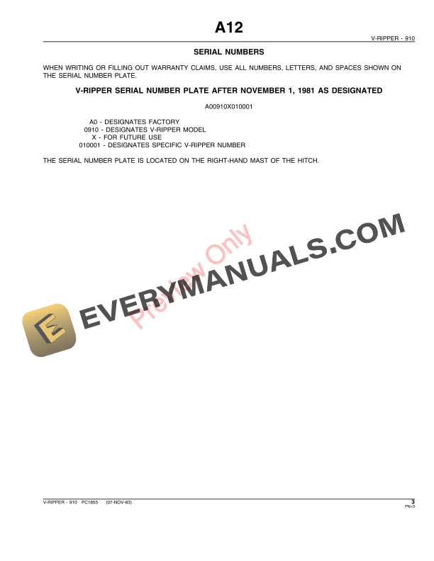 John Deere 910 V-Ripper Parts Catalog PC1855 24SEP85-5