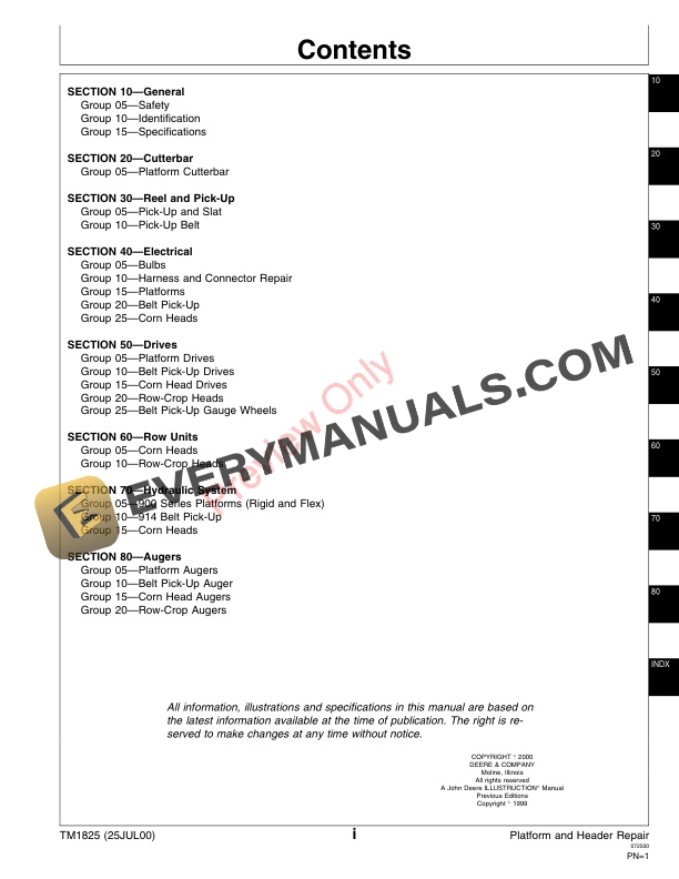 John Deere 914P Belt Pick up 90 Series Corn Head 900F and 900R Cutting Platforms 50A Series Row Crop Heads Technical Manual TM1825 25JUL00 3