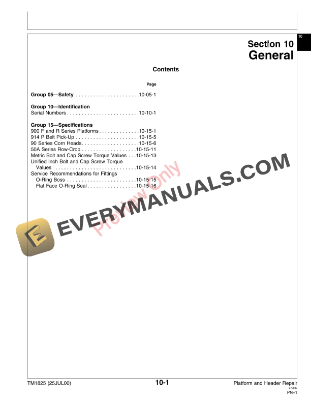 John Deere 914P Belt Pick up 90 Series Corn Head 900F and 900R Cutting Platforms 50A Series Row Crop Heads Technical Manual TM1825 25JUL00 5