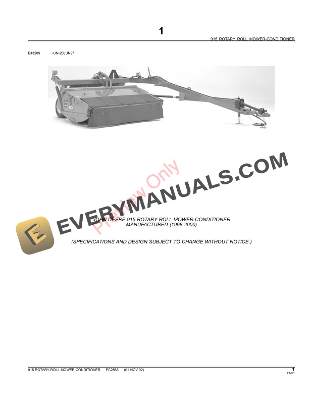 John Deere 915 Rotary Roll Mower Conditioner Parts Catalog PC2566 06MAY11-3