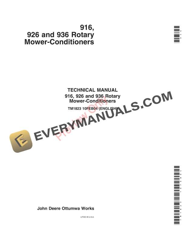 John Deere 916, 926 and 936 Rotary Mower Conditioners Diagnostic and Repair Technical Manual TM1823