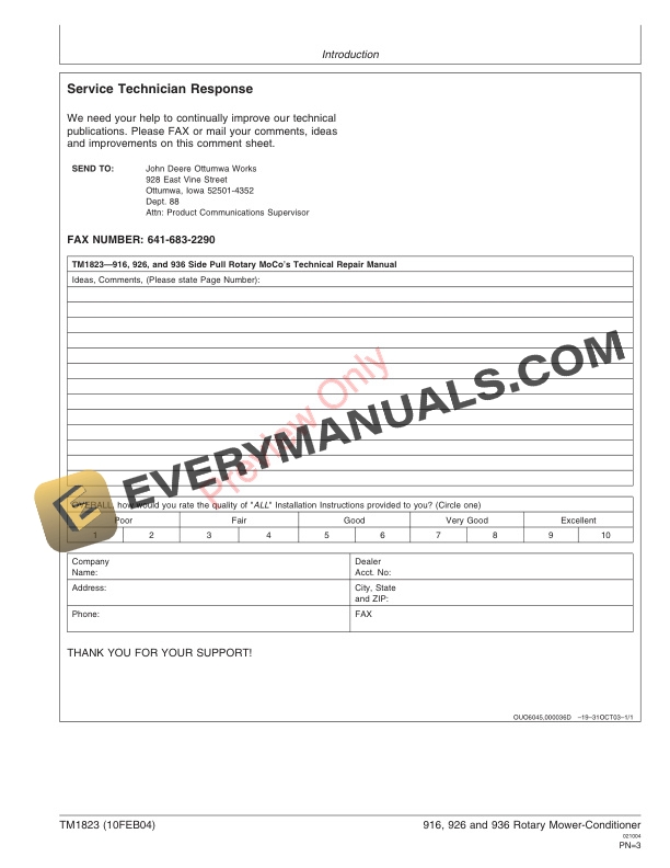 John Deere 916 926 936 Rotary Mower Conditioners Technical Manual TM1823 10FEB04 3
