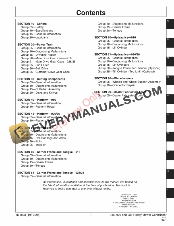 John Deere 916 926 936 Rotary Mower Conditioners Technical Manual TM1823 10FEB04 5