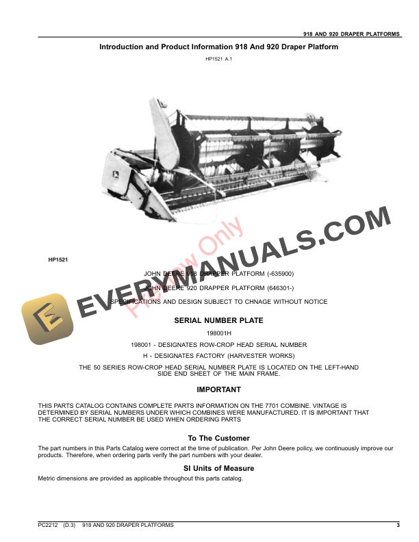 John Deere 918 AND 920 DRAPER PLATFORMS Parts Catalog PC2212 23JAN19-3