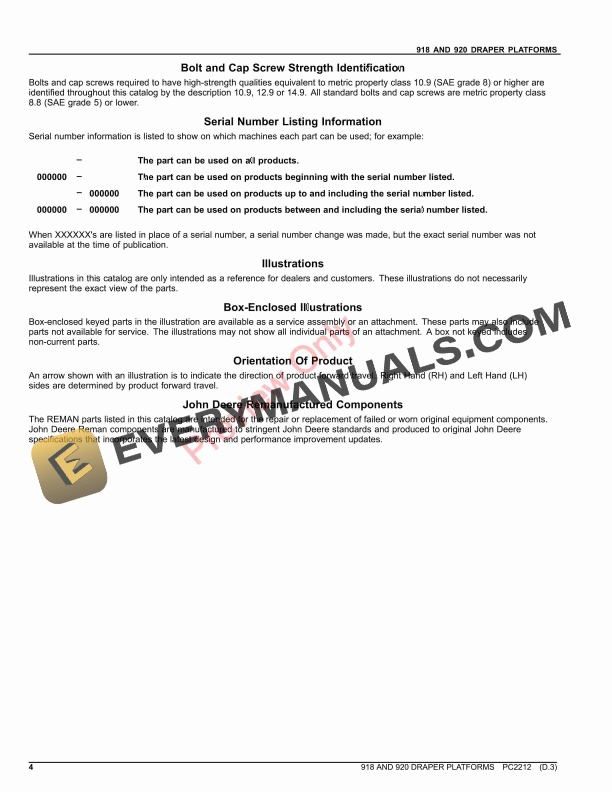 John Deere 918 AND 920 DRAPER PLATFORMS Parts Catalog PC2212 23JAN19-4