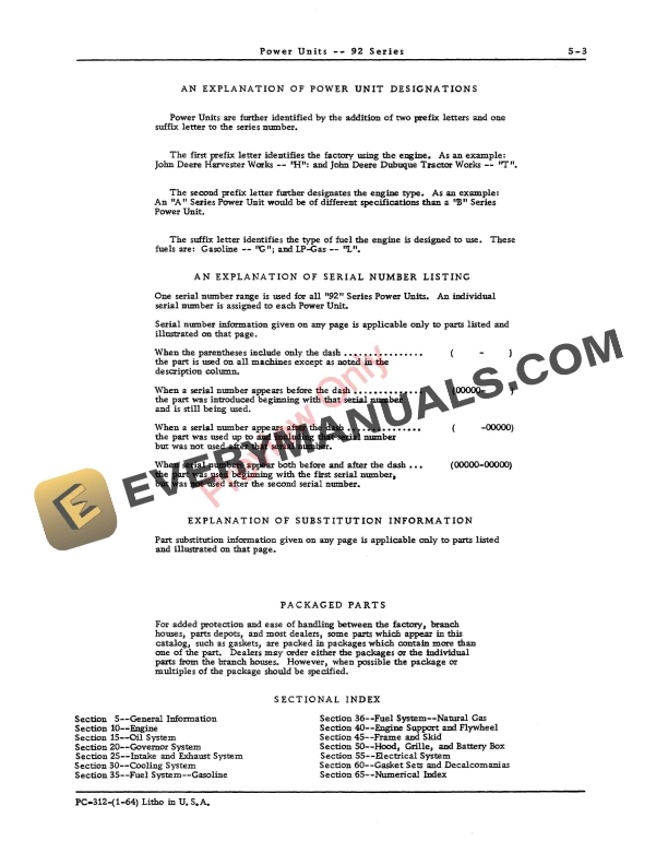 John Deere 92 Series Power Units Parts Catalog PC312 01JAN64-5