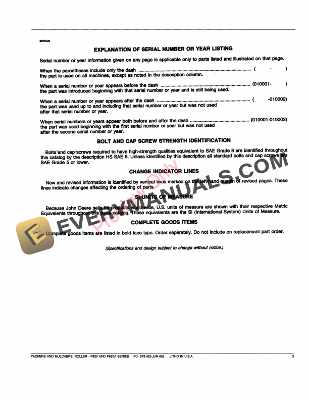 John Deere 920, 920A Roller Packers and Mulchers Parts Catalog PC679 02JUN80-5