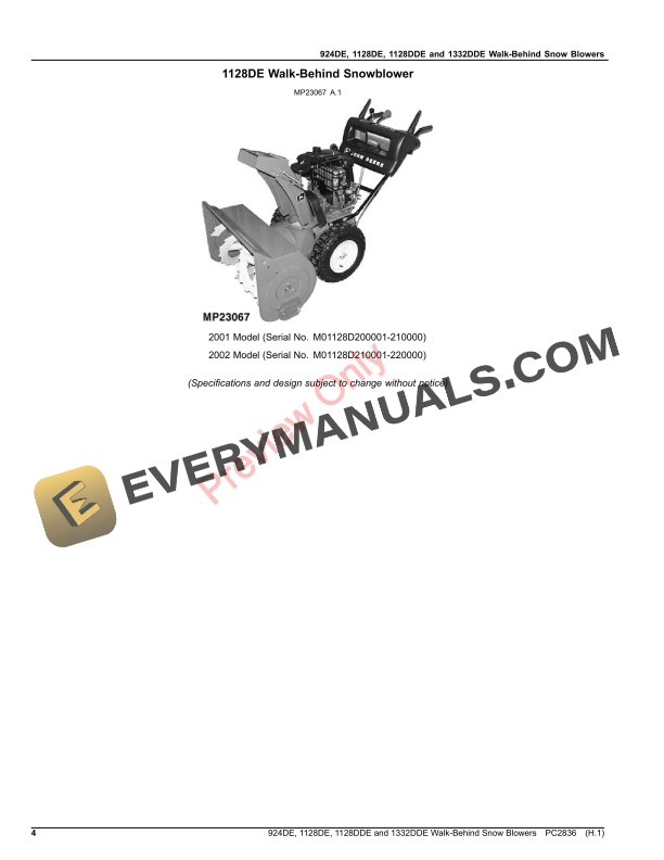 John Deere 924DE, 1128DE, 1128DDE and 1332DDE Walk-Behind Snow Blowers Parts Catalog PC2836 14SEP20-4