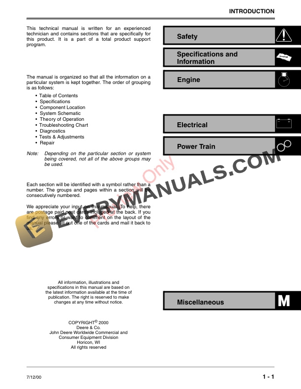 John Deere 924DE 1128DE 1128DDE and 1332DDE Walk Behind Snowblowers Technical Manual TM1867 12JUL00 3