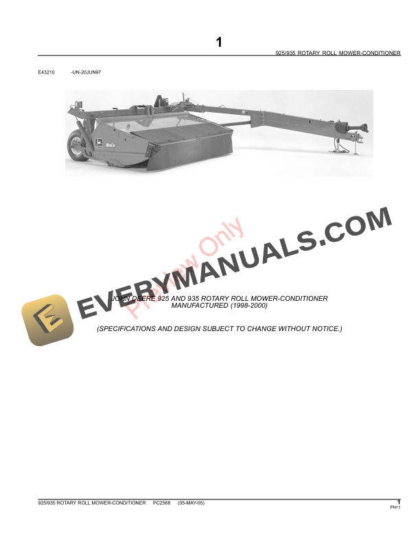 John Deere 925, 935 Rotary Roll Mower Conditioners Parts Catalog PC2568 06MAY11-3