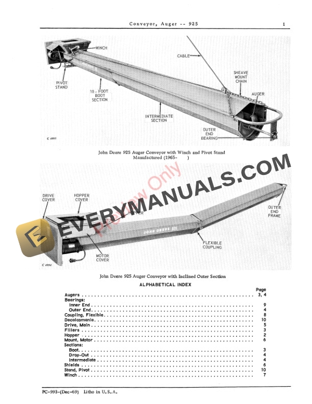 John Deere 925 Auger Conveyor Parts List PC993 01DEC69-3