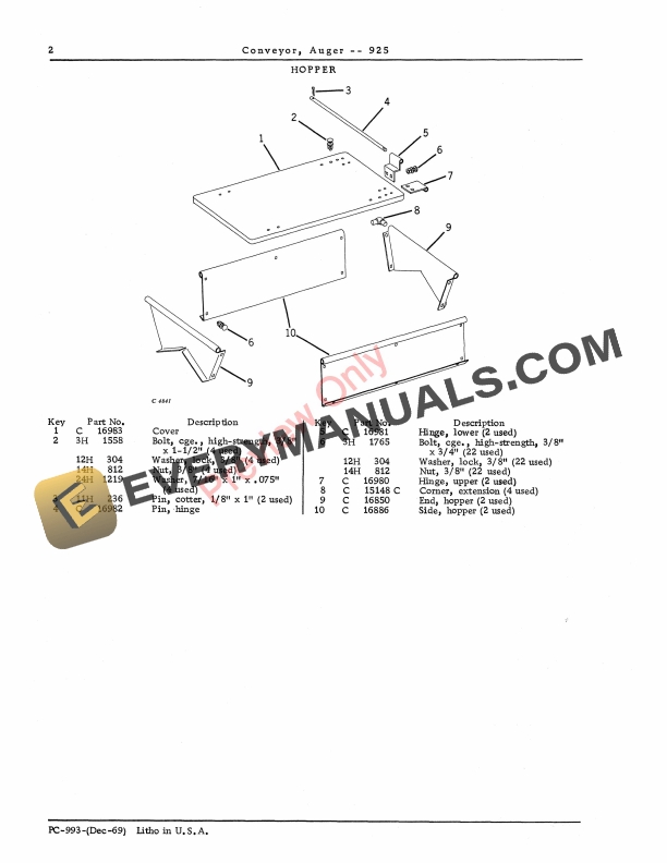 John Deere 925 Auger Conveyor Parts List PC993 01DEC69-4
