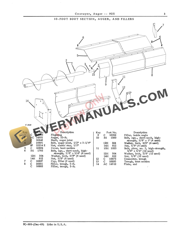 John Deere 925 Auger Conveyor Parts List PC993 01DEC69-5