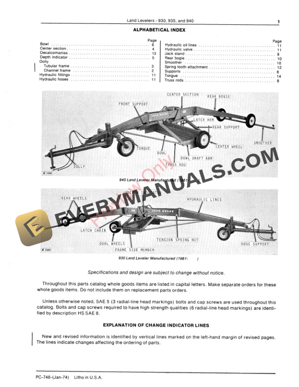 John Deere 930, 935, 940 Land Levelers Parts Catalog PC748 01JAN74-3