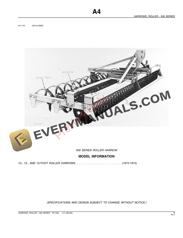 John Deere 930 Series Roller Harrow Parts Catalog PC1346 03MAR88-3