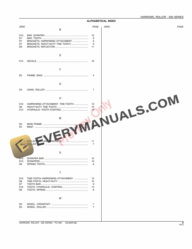 John Deere 930 Series Roller Harrow Parts Catalog PC1346 03MAR88-5