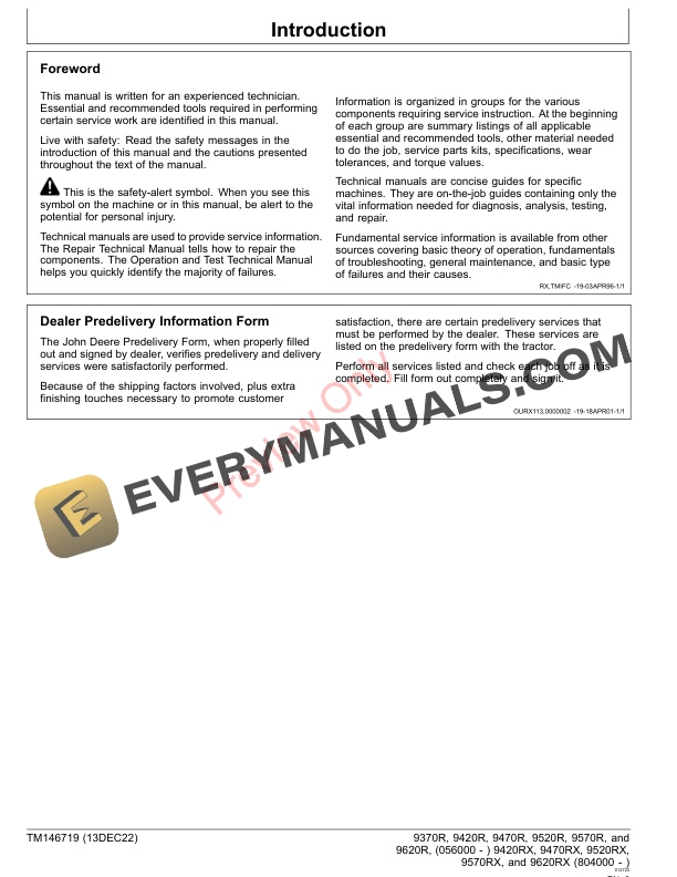John Deere 9370R 9420R 9420RX 9470R 9470RX 9520R 9520RX 9570R 9570RX 9620R and 9620RX Tractors Technical Manual TM146719 13DEC22 2