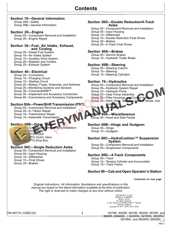 John Deere 9370R 9420R 9420RX 9470R 9470RX 9520R 9520RX 9570R 9570RX 9620R and 9620RX Tractors Technical Manual TM146719 13DEC22 3