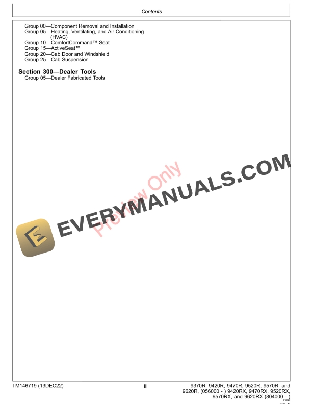 John Deere 9370R 9420R 9420RX 9470R 9470RX 9520R 9520RX 9570R 9570RX 9620R and 9620RX Tractors Technical Manual TM146719 13DEC22 4