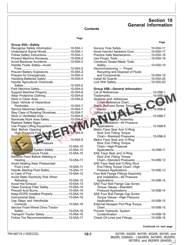 John Deere 9370R 9420R 9420RX 9470R 9470RX 9520R 9520RX 9570R 9570RX 9620R and 9620RX Tractors Technical Manual TM146719 13DEC22 5