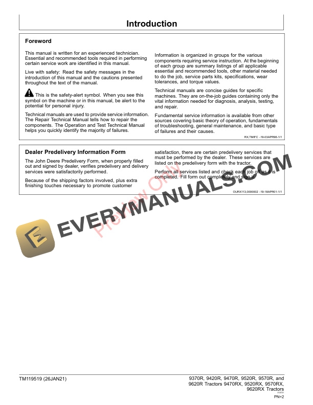 John Deere 9370R 9420R 9470R 9520R 9570R 9620R 015000 Repair Technical Manual TM119519 26JAN21 2