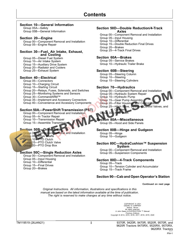 John Deere 9370R 9420R 9470R 9520R 9570R 9620R 015000 Repair Technical Manual TM119519 26JAN21 3