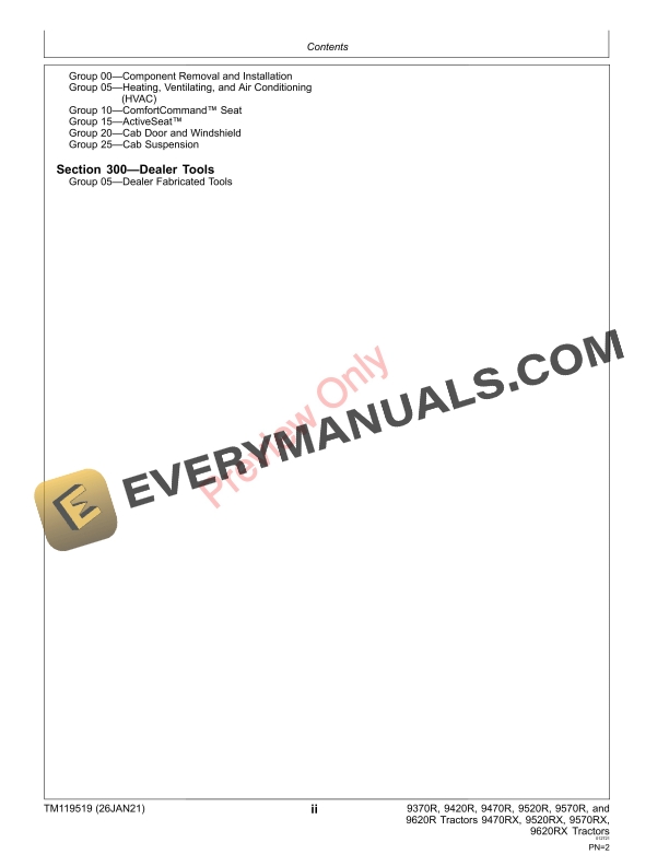 John Deere 9370R 9420R 9470R 9520R 9570R 9620R 015000 Repair Technical Manual TM119519 26JAN21 4