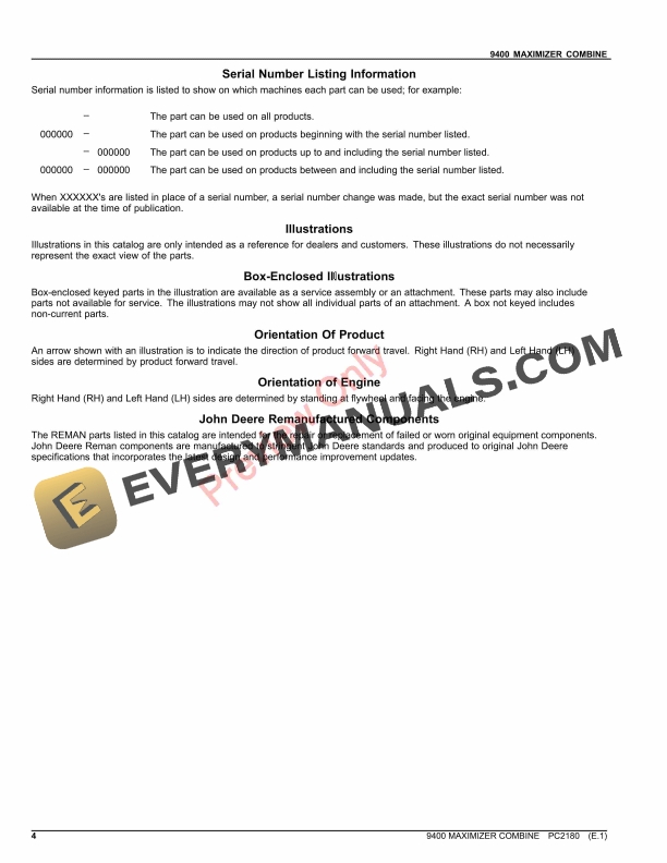 John Deere 9400 MAXIMIZER COMBINE Parts Catalog PC2180 22AUG23-4