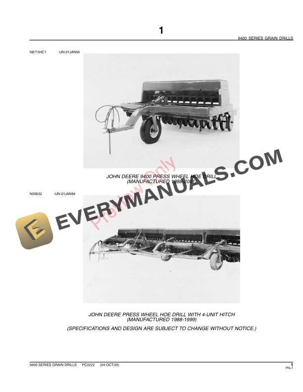 John Deere 9400 Series Grain Drills and Multiple Hitches Parts Catalog PC2222 14JUN11 4 John Deere 9400 Series Grain Drills and Multiple Hitches Parts Catalog PC2222 14JUN11-3