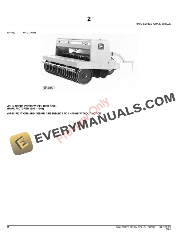 John Deere 9400 Series Grain Drills and Multiple Hitches Parts Catalog PC2222 14JUN11 5 John Deere 9400 Series Grain Drills and Multiple Hitches Parts Catalog PC2222 14JUN11-4