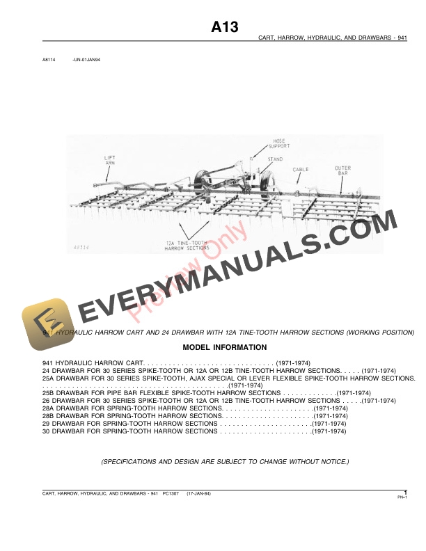 John Deere 941 Hydraulic Harrow Cart and Drawbars Parts Catalog PC1307 12AUG99-3