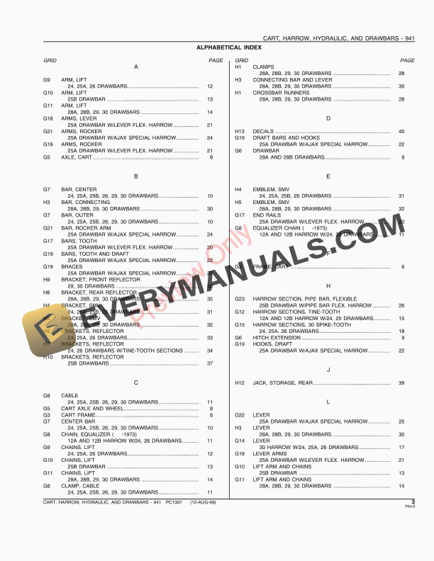 John Deere 941 Hydraulic Harrow Cart and Drawbars Parts Catalog PC1307 12AUG99-5