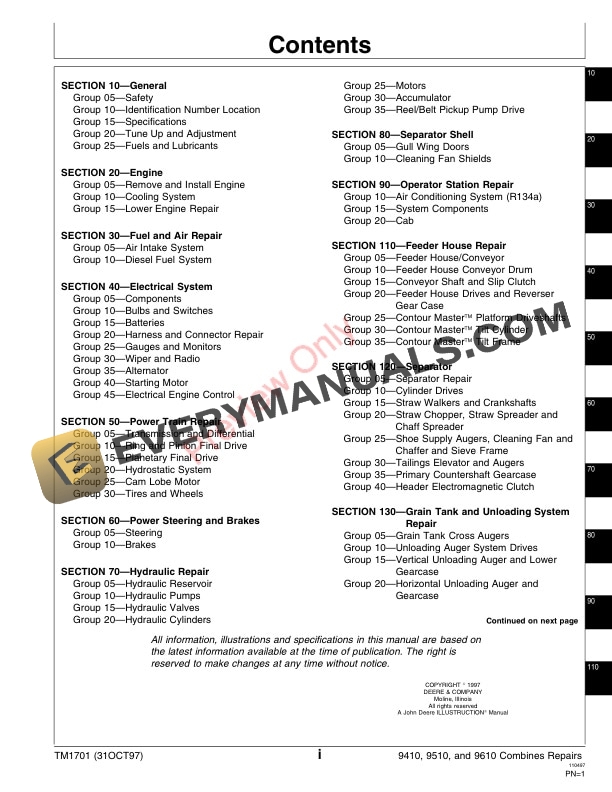John Deere 9410 9510 9610 Combines Technical Manual TM1701 31OCT97 3