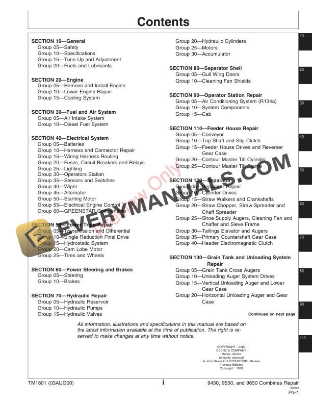 John Deere 9450 Combines 000000 695100 9550 Combines 000000 Technical Manual TM1801 03AUG00 3