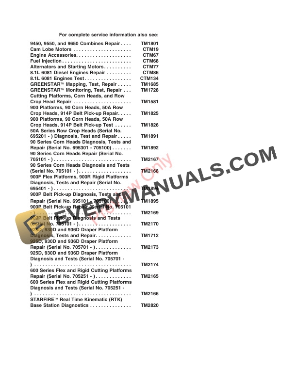 John Deere 9450 9550 Combines Diagnosis and Test Manual TM1802 01MAY04 4 John Deere 9450 Combines 000000 695100 9550 Combines 000000 Technical Manual TM1802 01MAY04 2