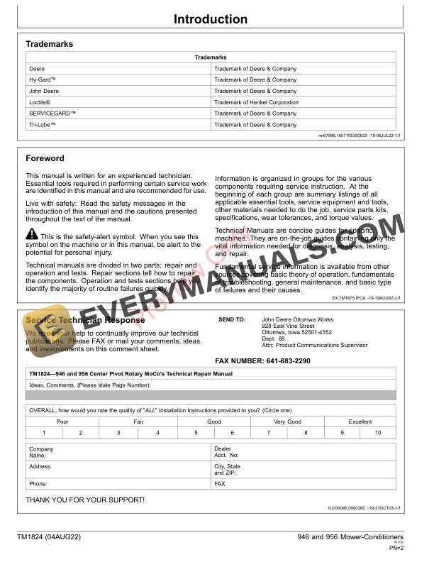 John Deere 946 956 Center Pivot Rotary Mower Conditioners Repair Technical Manual TM1824 04AUG22 2