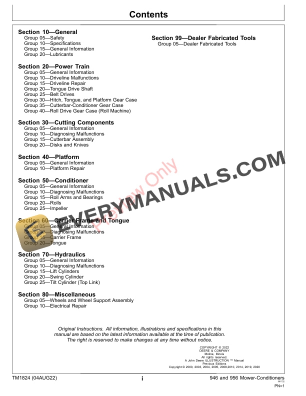 John Deere 946 956 Center Pivot Rotary Mower Conditioners Repair Technical Manual TM1824 04AUG22 3