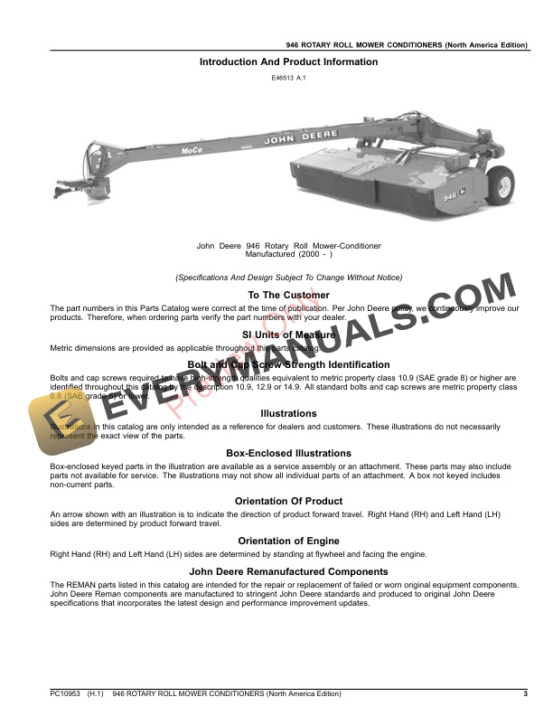 John Deere 946 ROTARY ROLL MOWER CONDITIONERS Parts Catalog PC10953 26AUG23 3