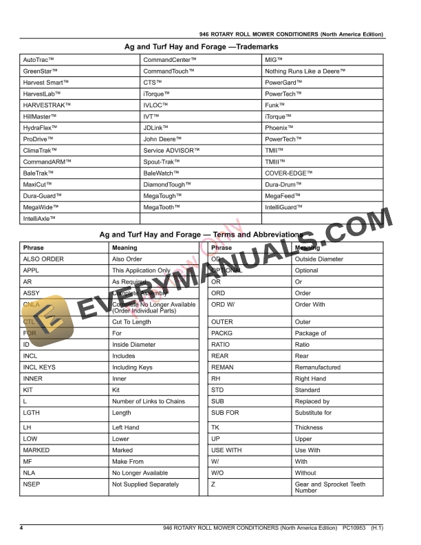 John Deere 946 ROTARY ROLL MOWER CONDITIONERS Parts Catalog PC10953 26AUG23 4