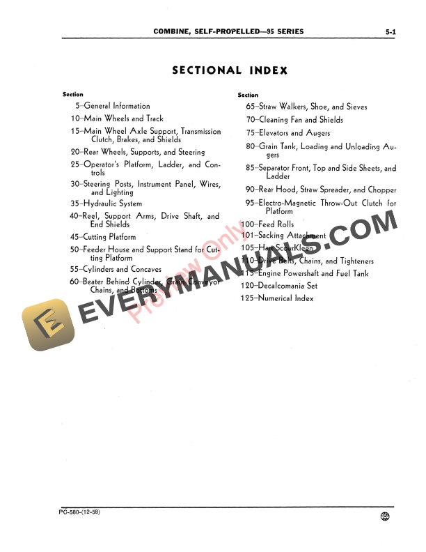 John Deere 95 Self-Propelled Combine Parts Catalog PC580 01DEC58-5