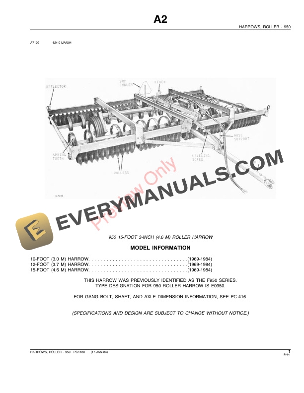 John Deere 950 Roller Harrow Parts Catalog PC1180 03MAR88 3